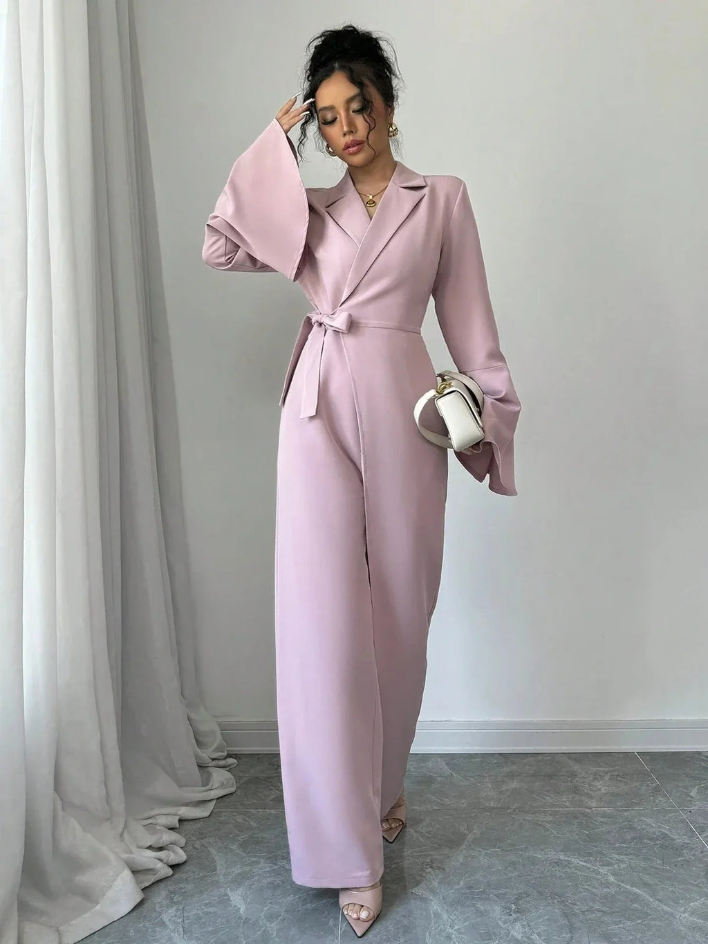 Women's Tailored Wrap Jumpsuit – Blazer Inspired Wide Leg One Piece Outfit