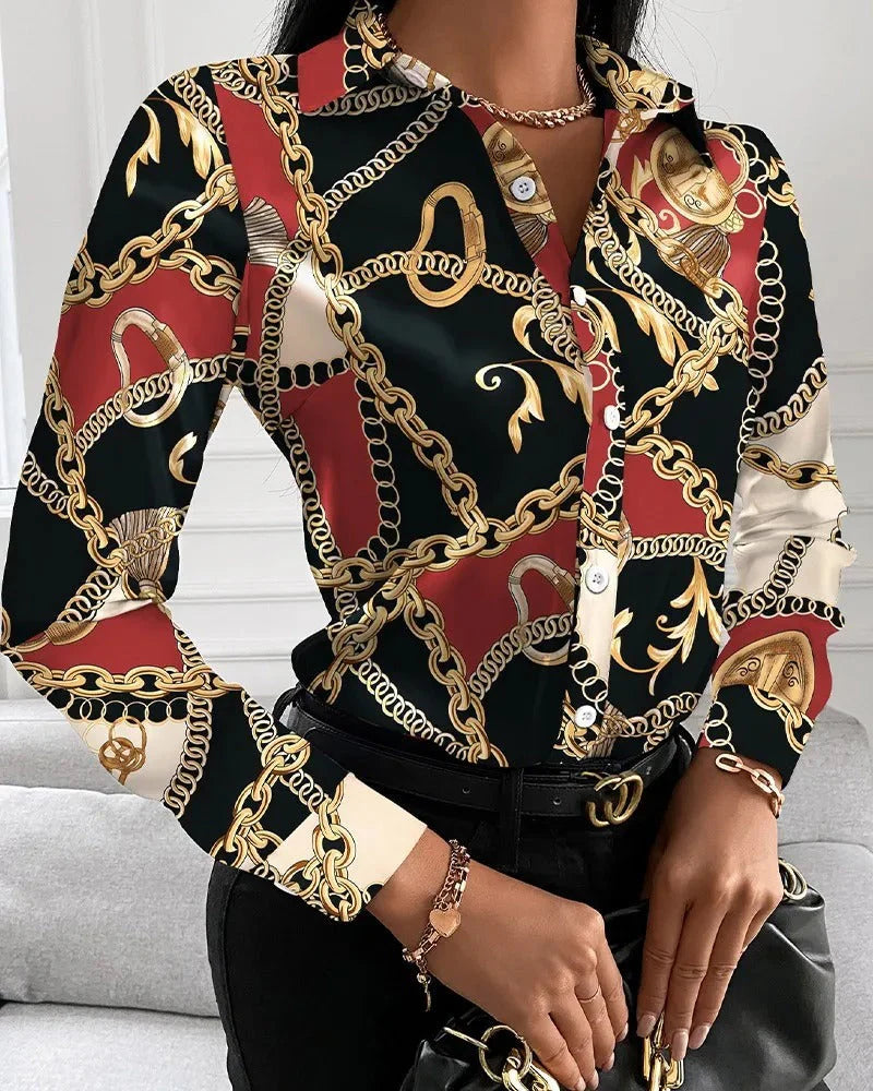 Women’s Vintage-Inspired Statement Print Top – Chic Retro Pattern Blouse with Elegant Draped Fit