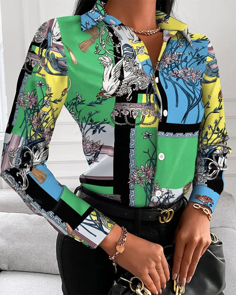 Women’s Vintage-Inspired Statement Print Top – Chic Retro Pattern Blouse with Elegant Draped Fit
