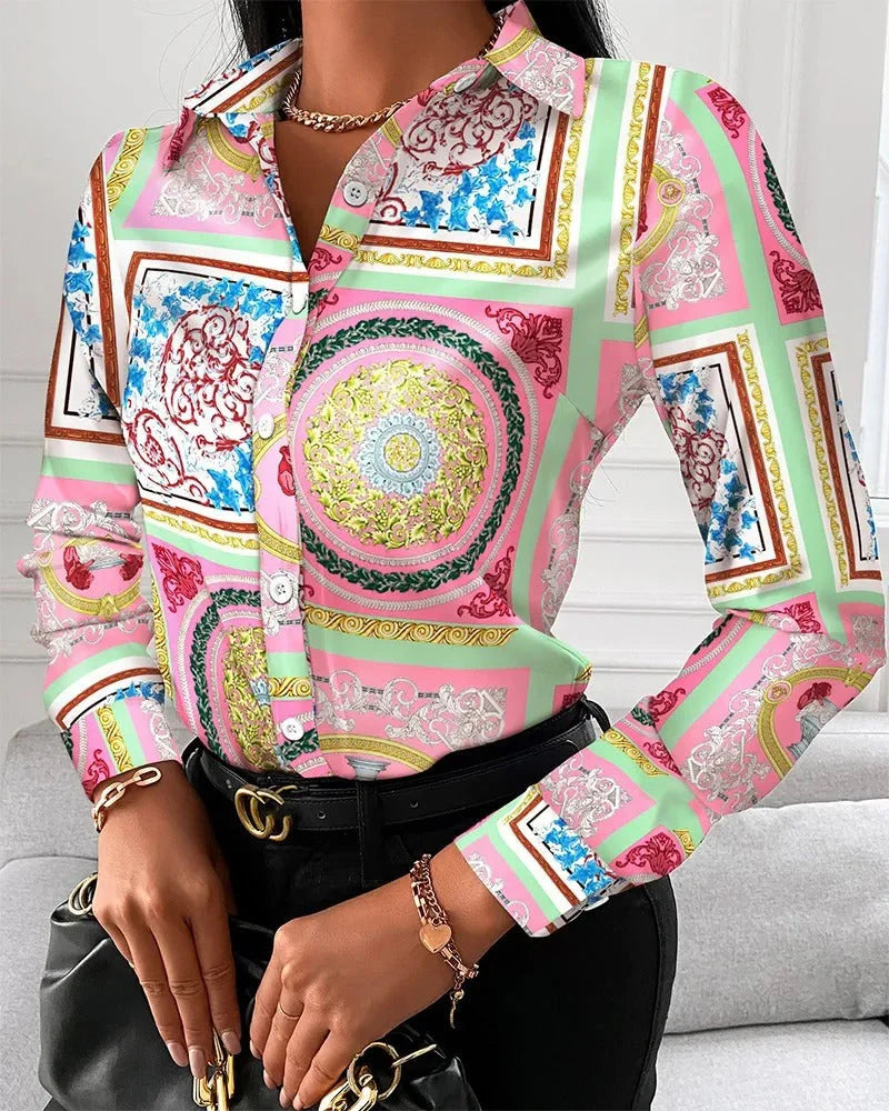Women’s Vintage-Inspired Statement Print Top – Chic Retro Pattern Blouse with Elegant Draped Fit