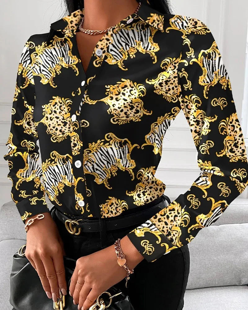 Women’s Vintage-Inspired Statement Print Top – Chic Retro Pattern Blouse with Elegant Draped Fit