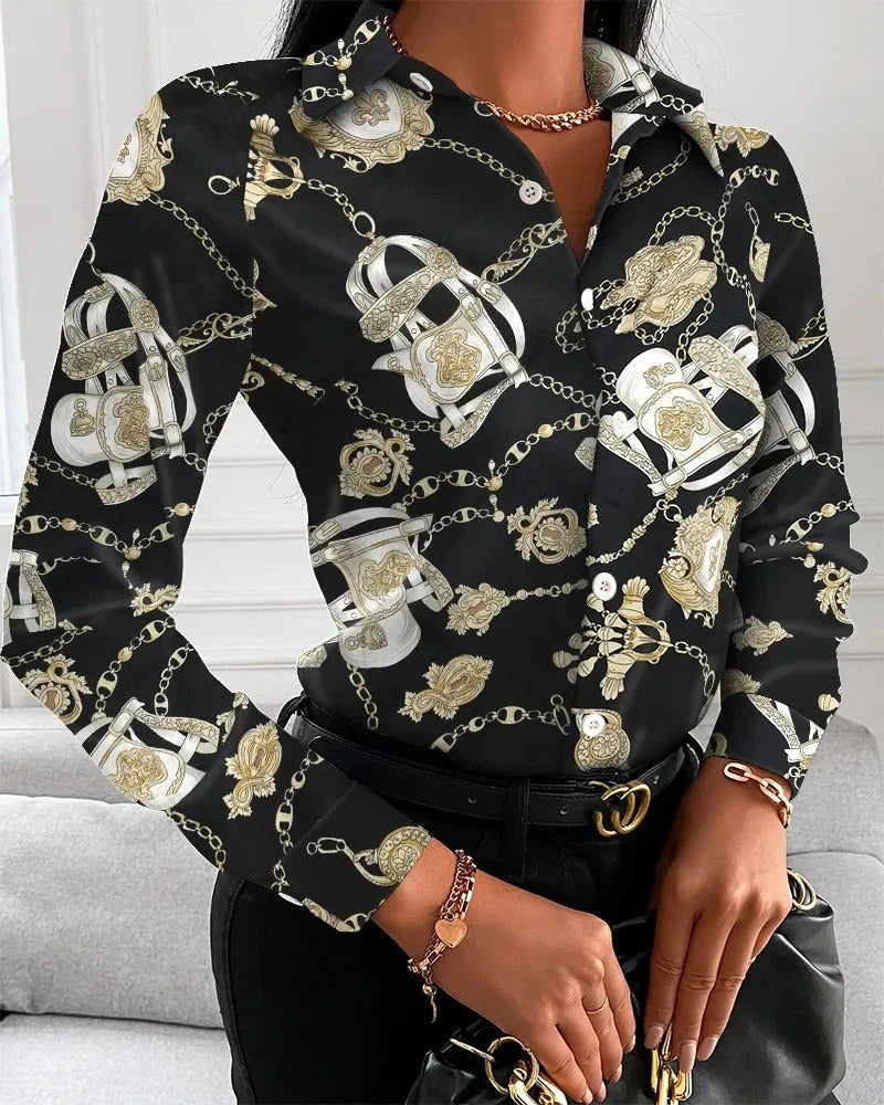 Women’s Vintage-Inspired Statement Print Top – Chic Retro Pattern Blouse with Elegant Draped Fit