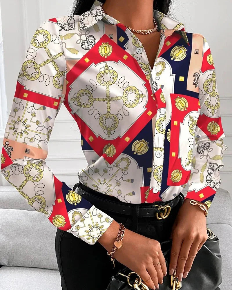 Women’s Vintage-Inspired Statement Print Top – Chic Retro Pattern Blouse with Elegant Draped Fit