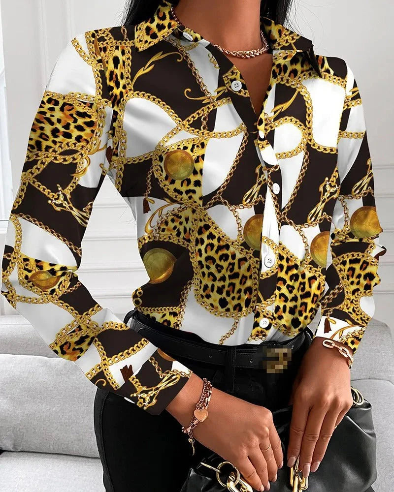 Women’s Vintage-Inspired Statement Print Top – Chic Retro Pattern Blouse with Elegant Draped Fit