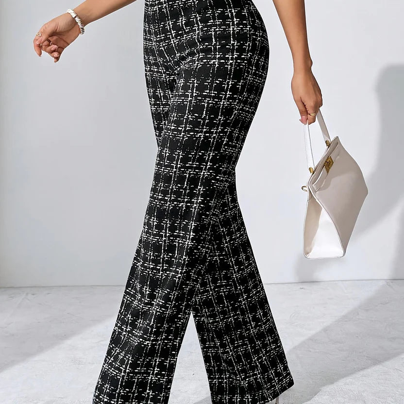 Women's Vintage-Inspired Tweed Flared Pants – High-Rise Check Pattern Tailored Wide-Leg Trousers