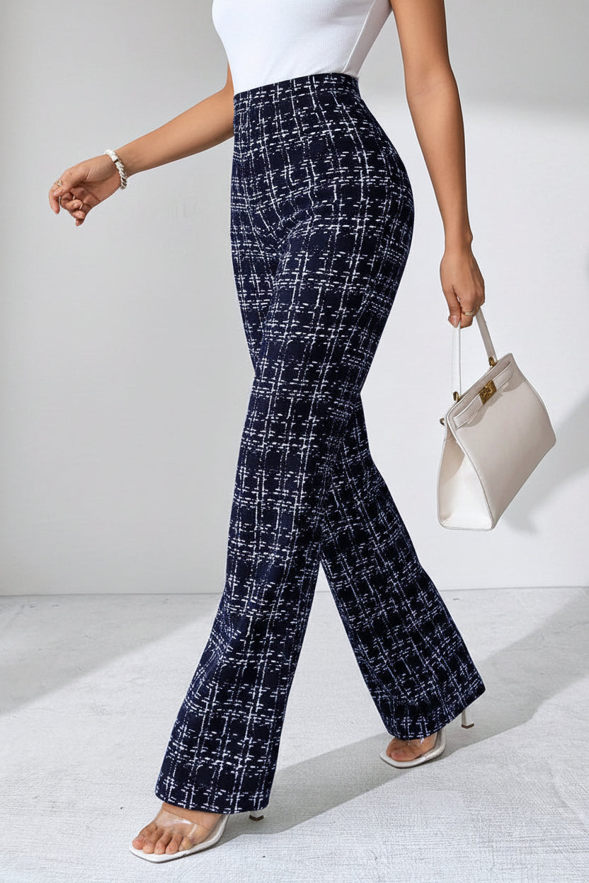 Women's Vintage-Inspired Tweed Flared Pants – High-Rise Check Pattern Tailored Wide-Leg Trousers