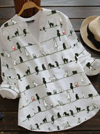 Mireille | Whimsical Cat Print Blouse – Relaxed V-Neck Button-Front Shirt with Long Sleeves