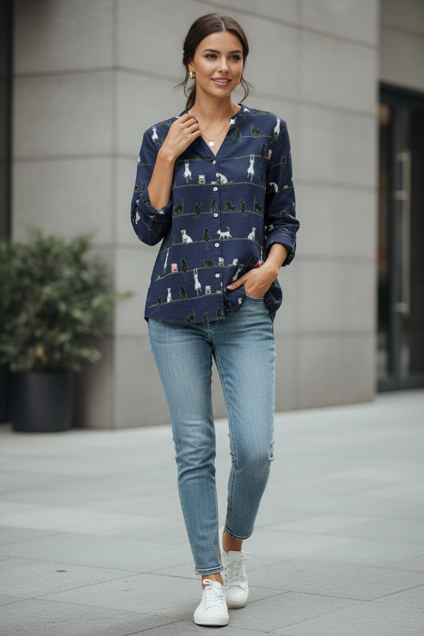 Women’s Whimsical Cat Print Blouse – Relaxed V-Neck Button-Front Shirt with Long Sleeves