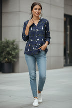 Mireille | Whimsical Cat Print Blouse – Relaxed V-Neck Button-Front Shirt with Long Sleeves