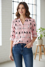 Mireille | Whimsical Cat Print Blouse – Relaxed V-Neck Button-Front Shirt with Long Sleeves
