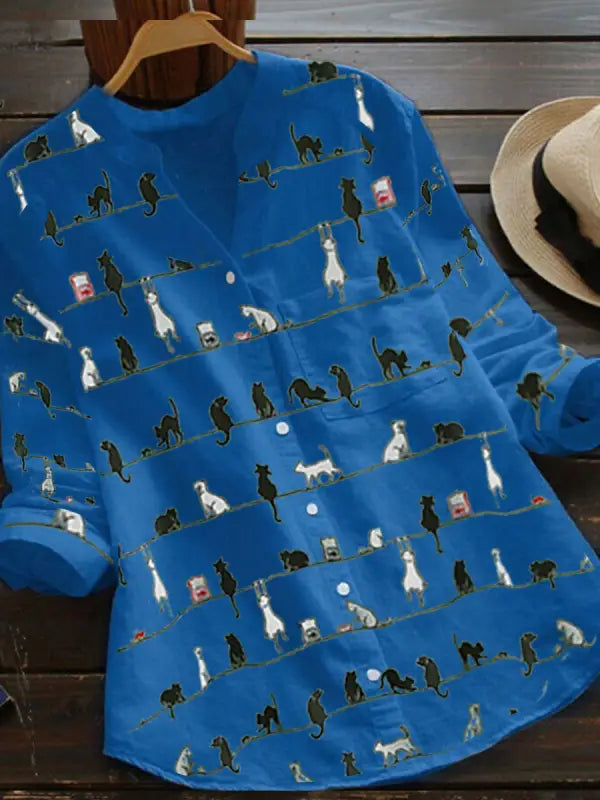 Women’s Whimsical Cat Print Blouse – Relaxed V-Neck Button-Front Shirt with Long Sleeves