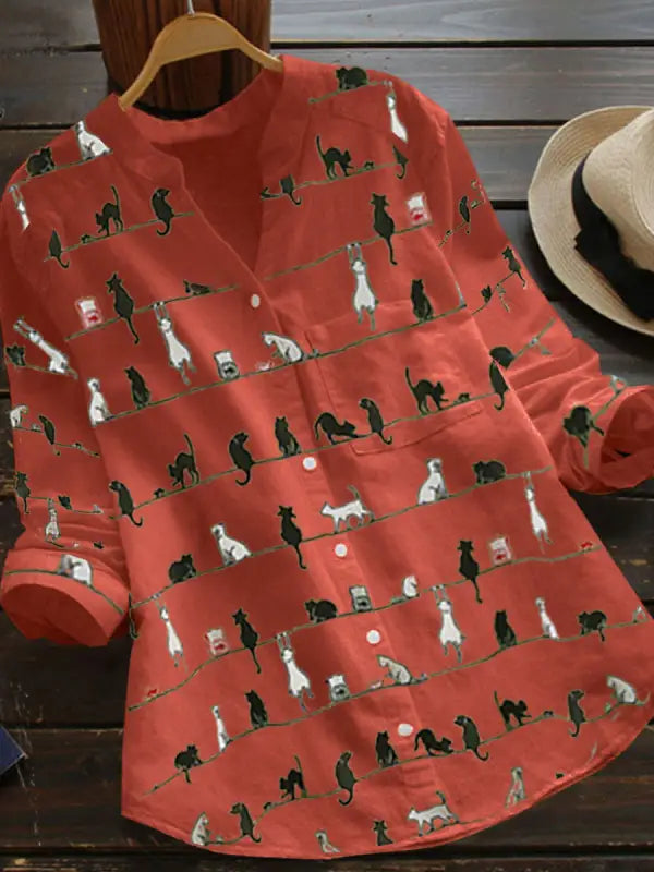 Women’s Whimsical Cat Print Blouse – Relaxed V-Neck Button-Front Shirt with Long Sleeves