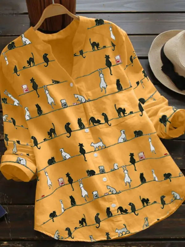 Women’s Whimsical Cat Print Blouse – Relaxed V-Neck Button-Front Shirt with Long Sleeves