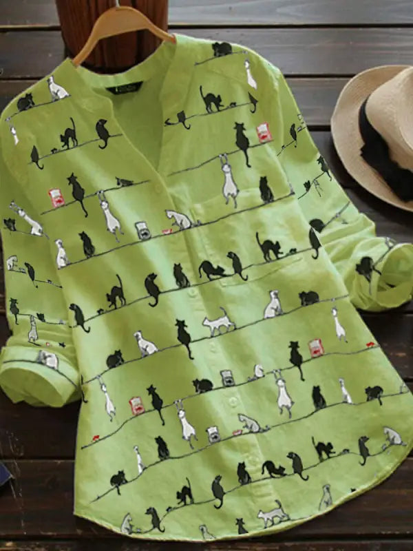 Women’s Whimsical Cat Print Blouse – Relaxed V-Neck Button-Front Shirt with Long Sleeves