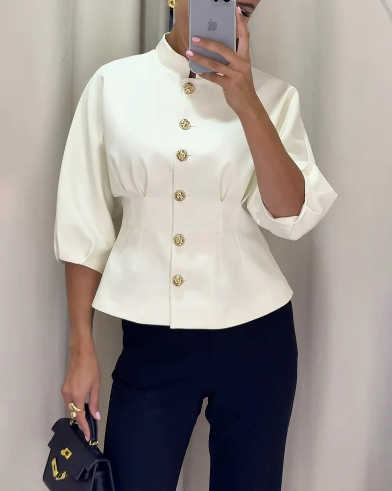 Women’s White Button-Detail Blouse – Sophisticated Gold Accent Top with Timeless Tailored Elegance