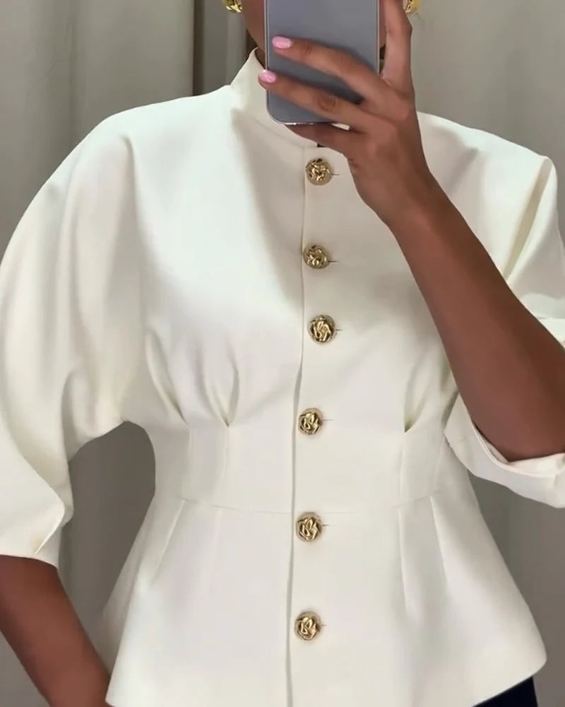 Women’s White Button-Detail Blouse – Sophisticated Gold Accent Top with Timeless Tailored Elegance