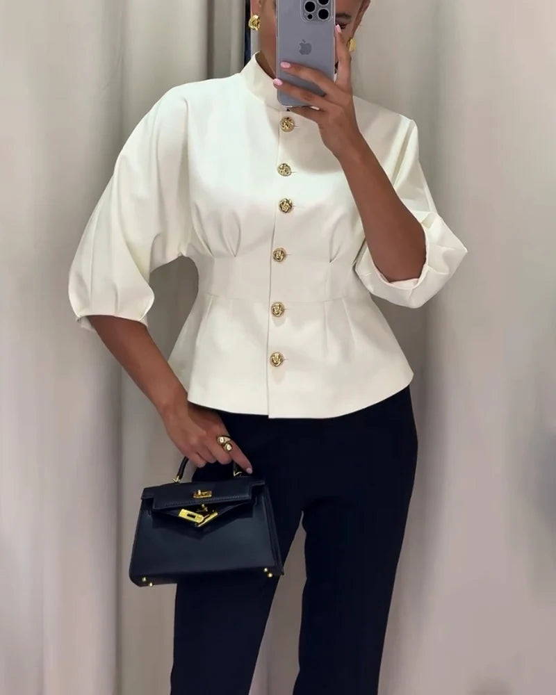 Women’s White Button-Detail Blouse – Sophisticated Gold Accent Top with Timeless Tailored Elegance