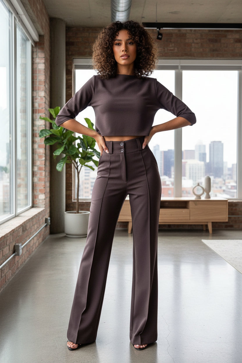 Women's Wide Leg Pants Co Ord Set – Chic Cropped Top Two Piece Outfit