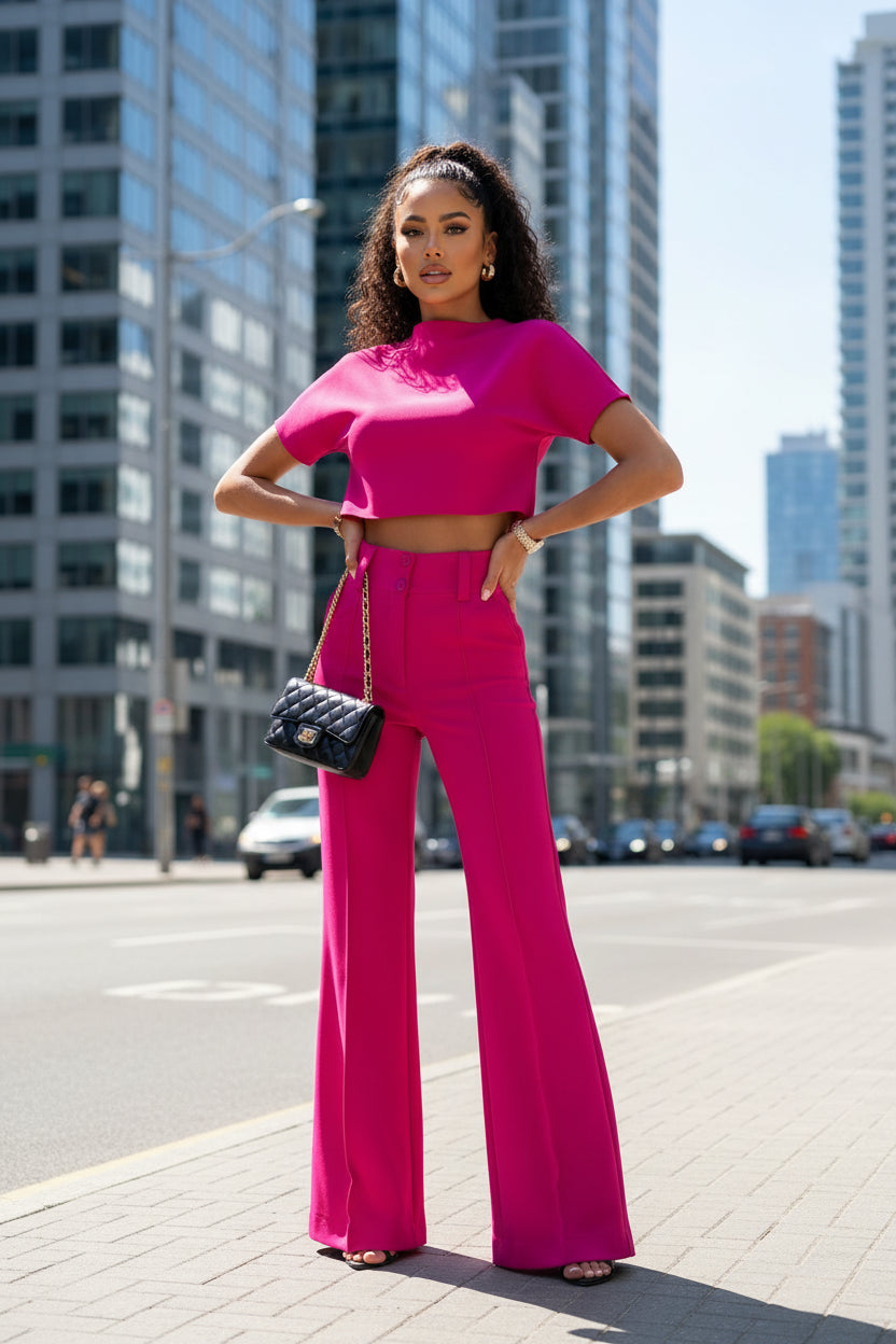 Women's Wide Leg Pants Co Ord Set – Chic Cropped Top Two Piece Outfit