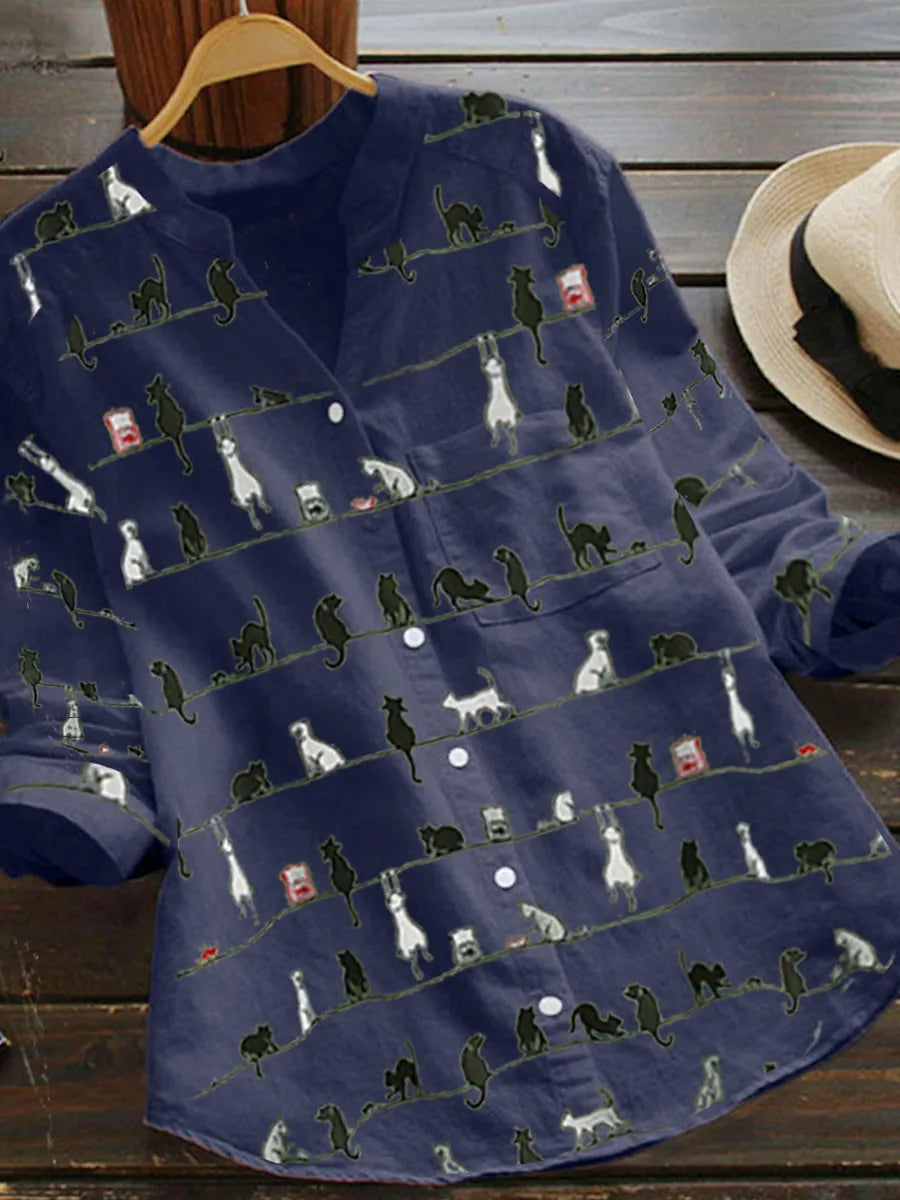 Women’s Whimsical Cat Print Blouse – Relaxed V-Neck Button-Front Shirt with Long Sleeves