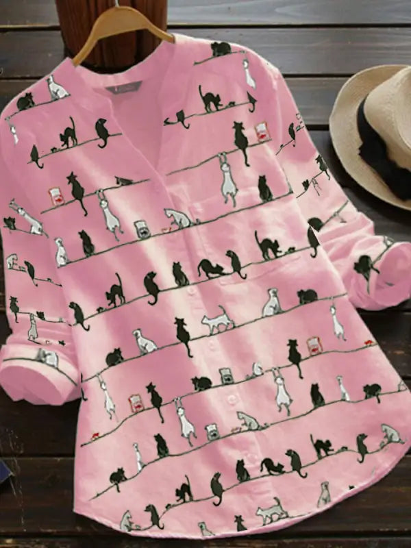 Women’s Whimsical Cat Print Blouse – Relaxed V-Neck Button-Front Shirt with Long Sleeves