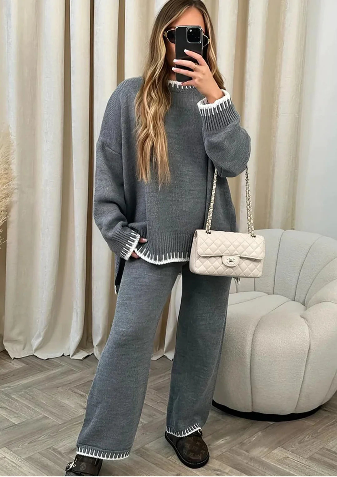 Yvelisse | Contrast Trim Oversized Sweater and Wide-Leg Pants Set - Cozy Loungewear Ensemble