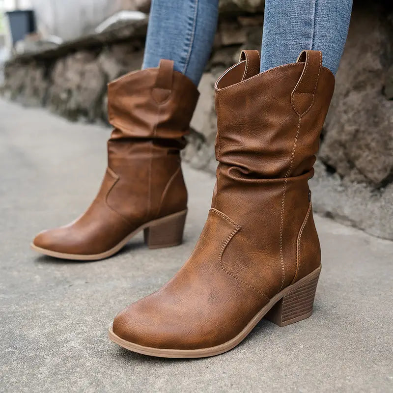 Zarela | Ruched Stacked-Heel Western Cowboy Boots - Distressed Mid-Calf Footwear