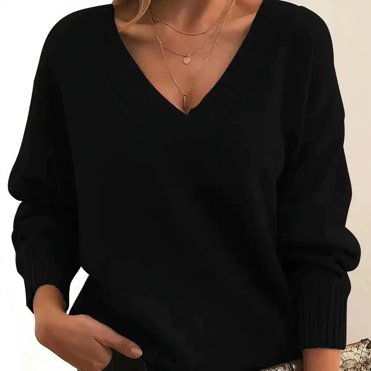 Zinnia | Deep V-Neck Drop-Shoulder Knit Sweater - Classic Soft Winter Outerwear