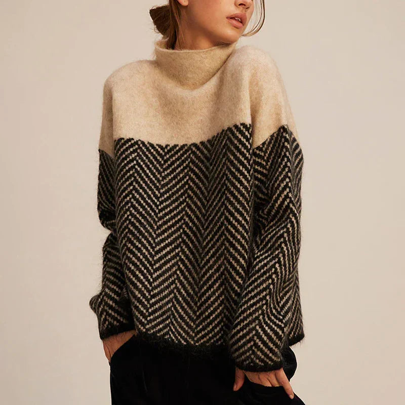 Zoria | Cozy Chevron Mock Neck Knit Sweater - Chic Oversized Outwear