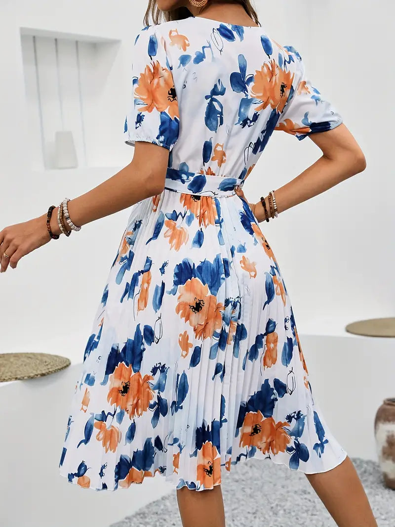 Women's Floral Print Belted Midi Dress – Elegant Pleated Hem Summer A-Line Dress