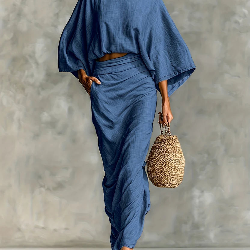 Women’s Two-Piece Skirt Set – Draped Sleeve Crop Top with Matching Flow Skirt Outfit