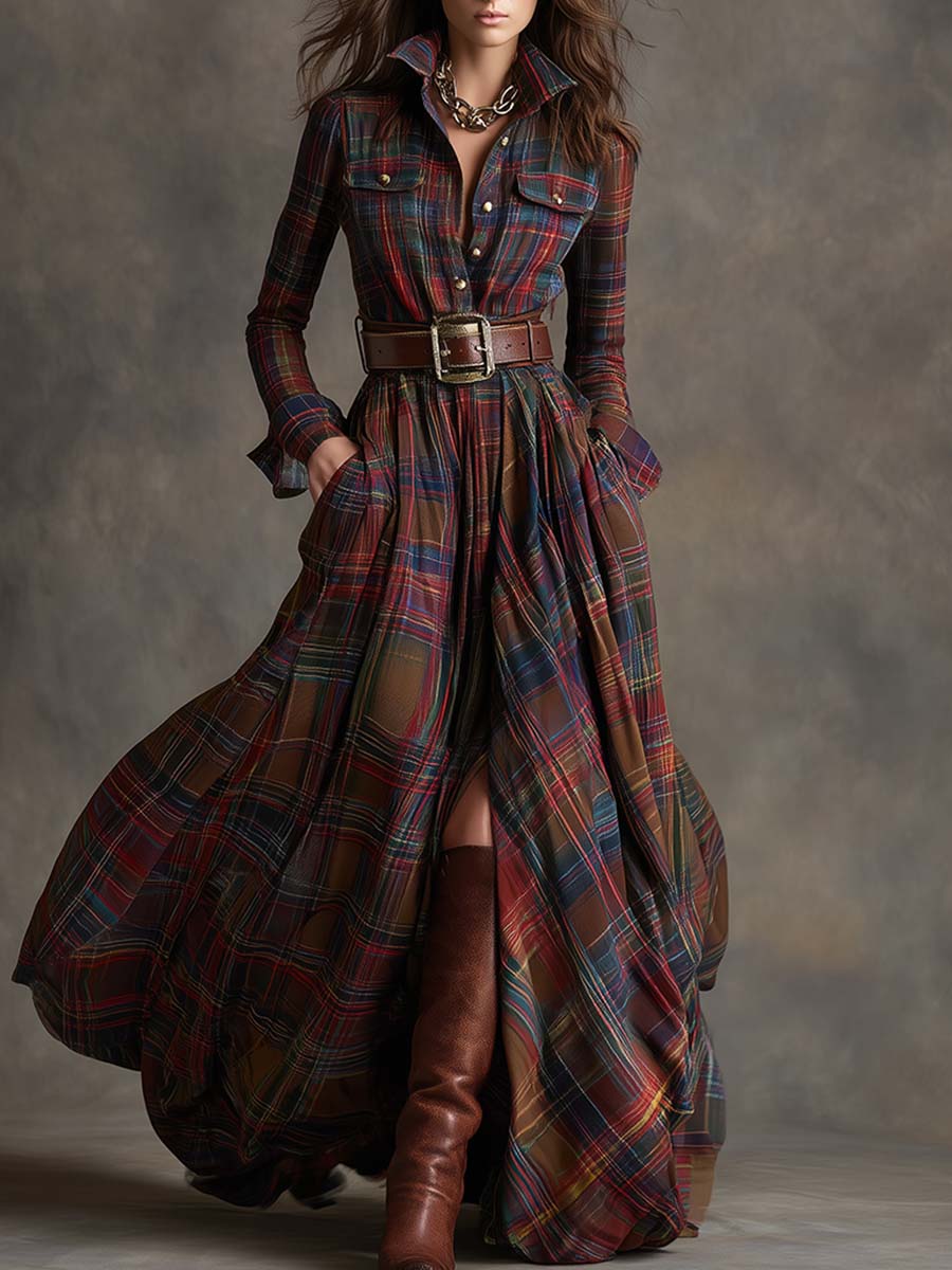 Anwen | Plaid-Pattern Lapel-Collar Belted Maxi Dress - Long-Sleeve Button-Front