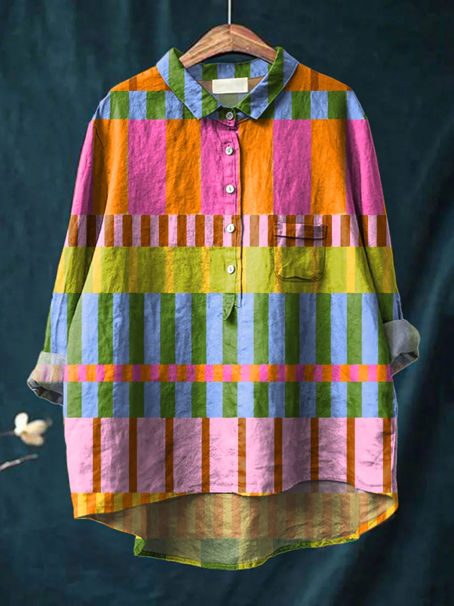 Kerensa | Plaid-Print Button-Placket Lapel-Collar Shirt Long-Sleeve Pocket Casual Top