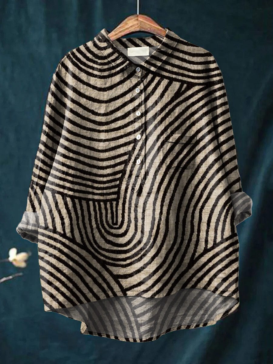 Amity | Abstract-Stripe Button-Placket Blouse - Long-Sleeve High-Low Hem Top