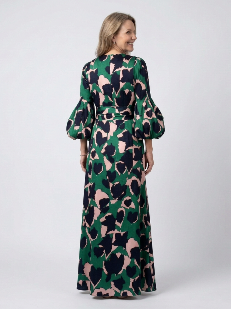 Briony | V-Neck Abstract-Print Belted Maxi Dress - Long-Sleeve Bishop-Sleeve Formalwear