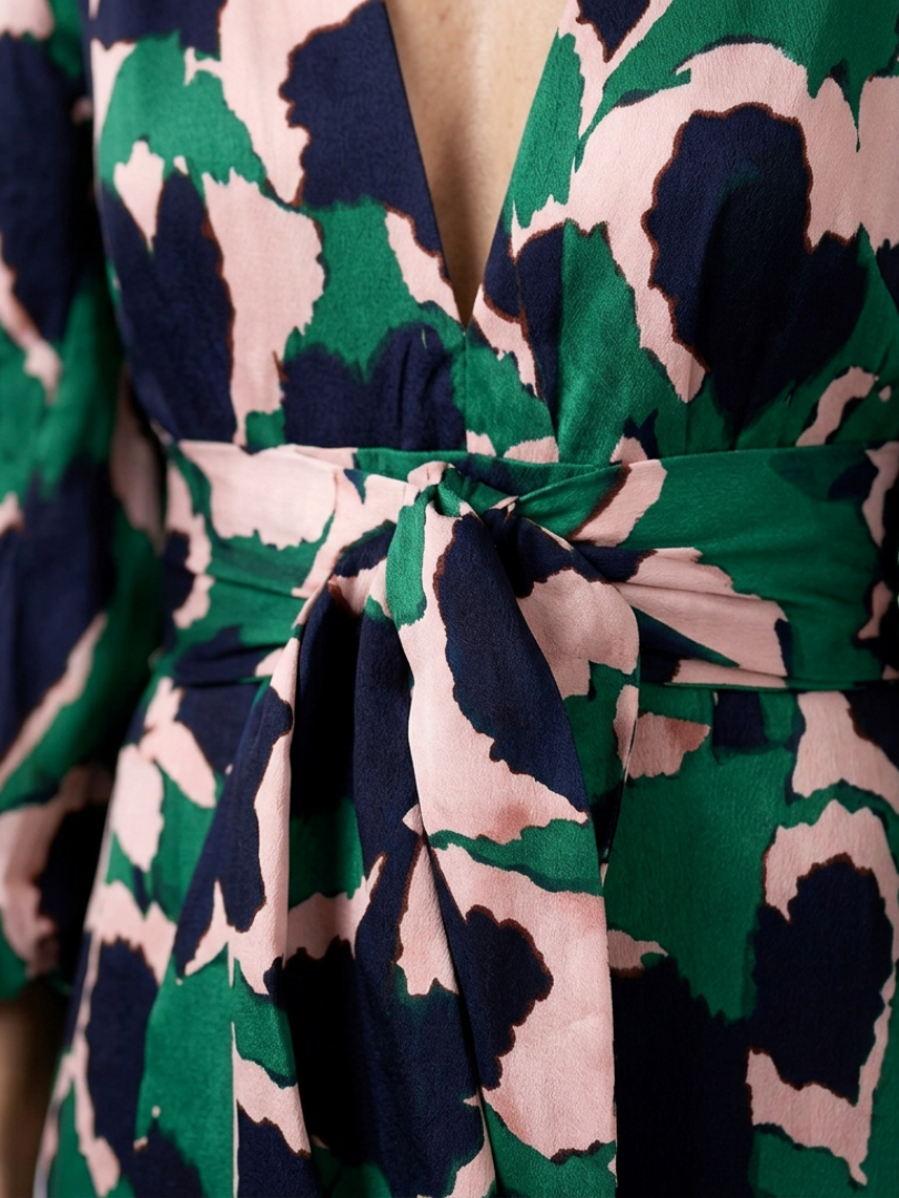 Briony | V-Neck Abstract-Print Belted Maxi Dress - Long-Sleeve Bishop-Sleeve Formalwear