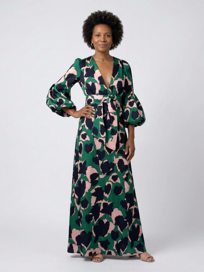 Briony | V-Neck Abstract-Print Belted Maxi Dress - Long-Sleeve Bishop-Sleeve Formalwear