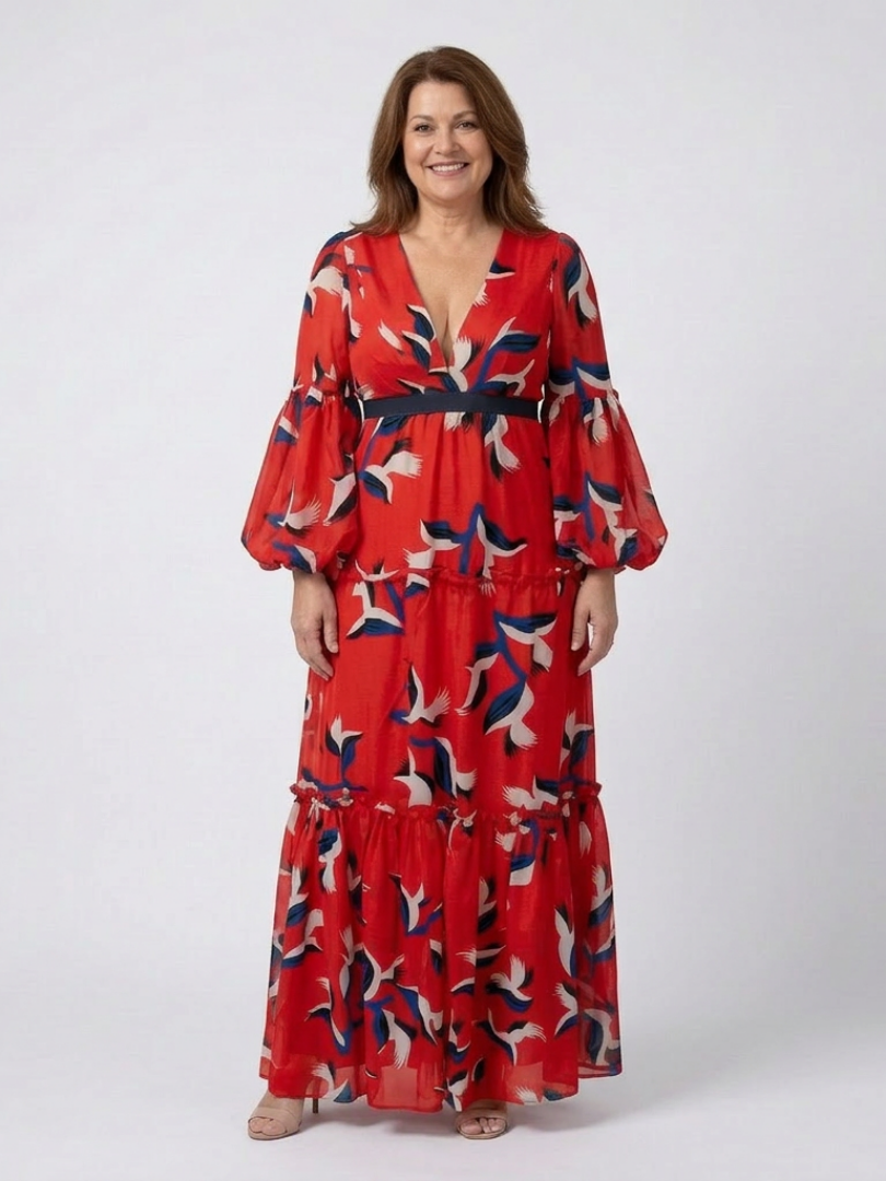 Briony | V-Neck Abstract-Print Belted Maxi Dress - Long-Sleeve Bishop-Sleeve Formalwear