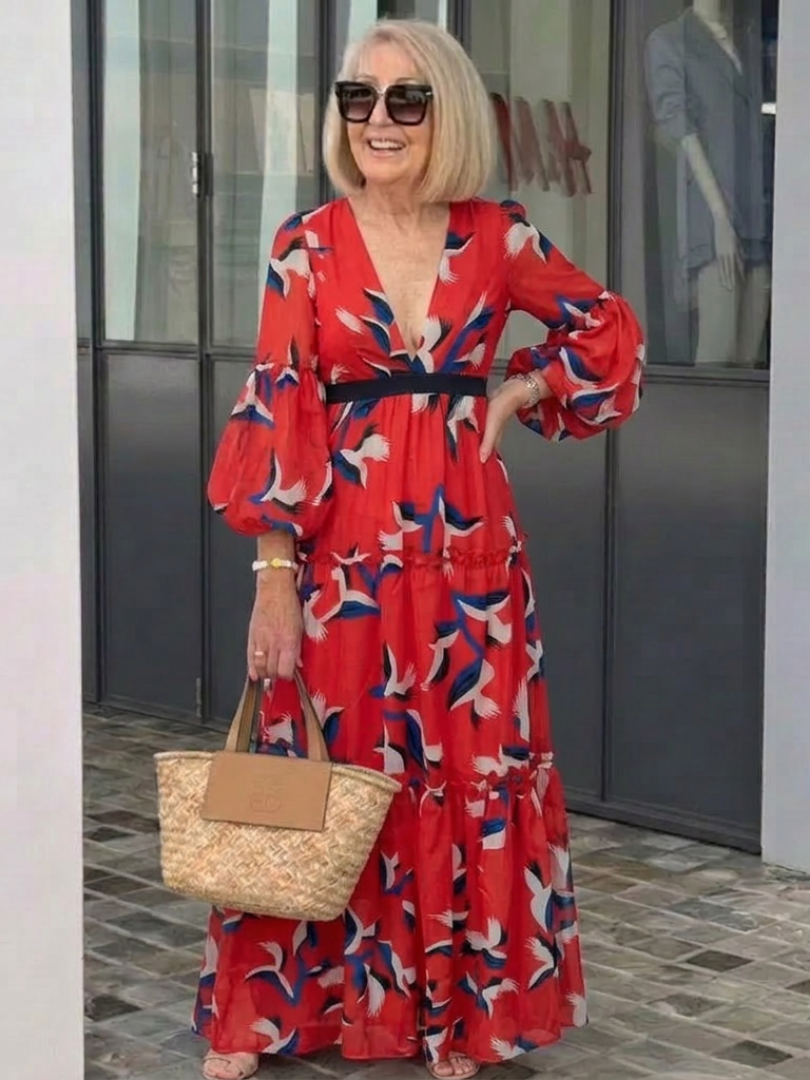 Briony | V-Neck Abstract-Print Belted Maxi Dress - Long-Sleeve Bishop-Sleeve Formalwear