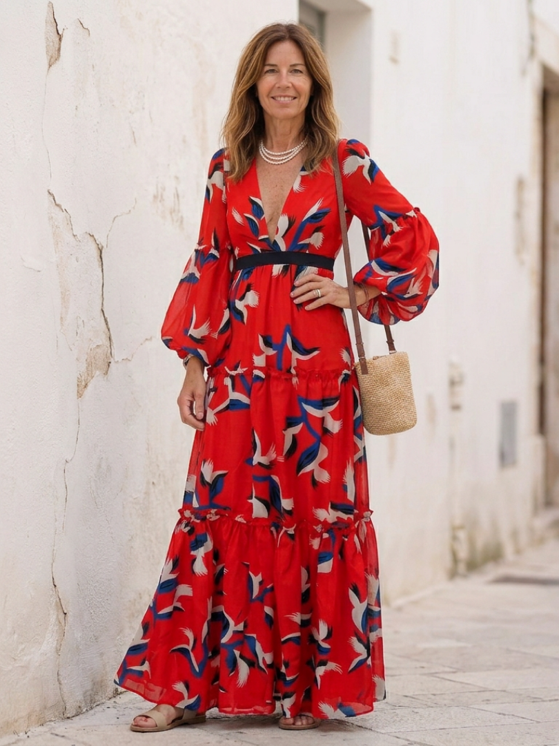 Briony | V-Neck Abstract-Print Belted Maxi Dress - Long-Sleeve Bishop-Sleeve Formalwear