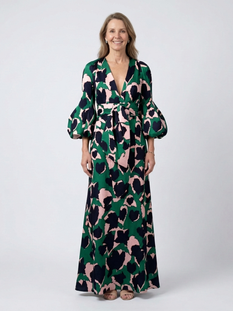 Briony | V-Neck Abstract-Print Belted Maxi Dress - Long-Sleeve Bishop-Sleeve Formalwear