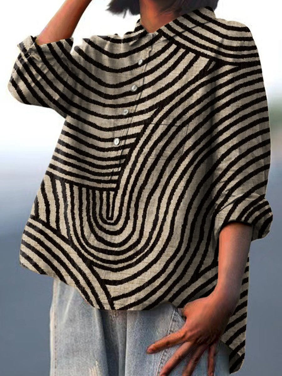 Amity | Abstract-Stripe Button-Placket Blouse - Long-Sleeve High-Low Hem Top