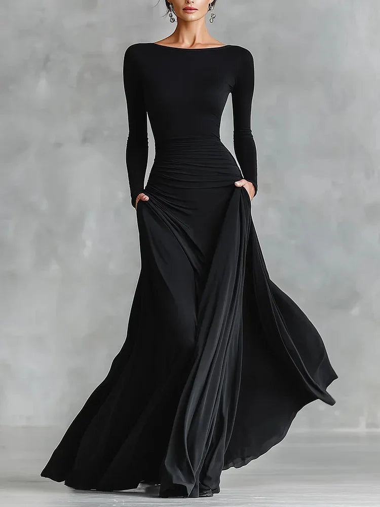 Ceri | Boat-Neck Ruched-Waist Flared Maxi Dress - Elegant Structured Apparel