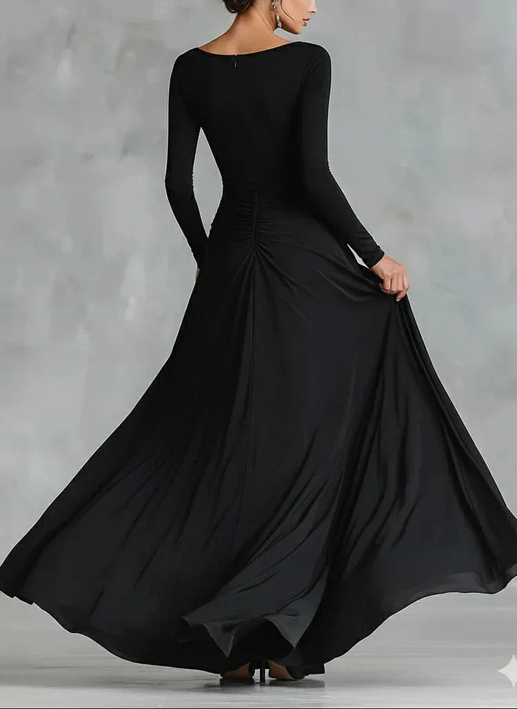 Ceri | Boat-Neck Ruched-Waist Flared Maxi Dress - Elegant Structured Apparel
