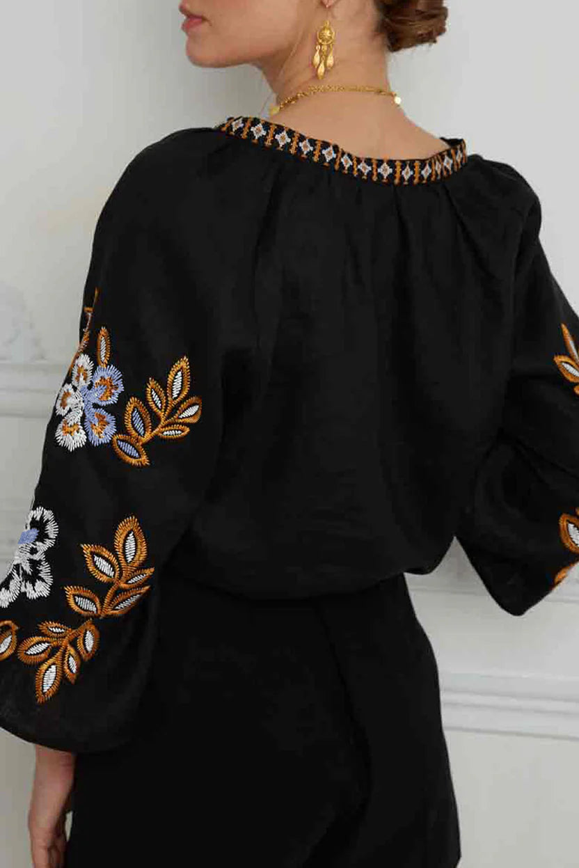 Women’s Artisan Embroidered Boho Top – Elegant Black V-Neck Blouse with Intricate Folk-Inspired Details