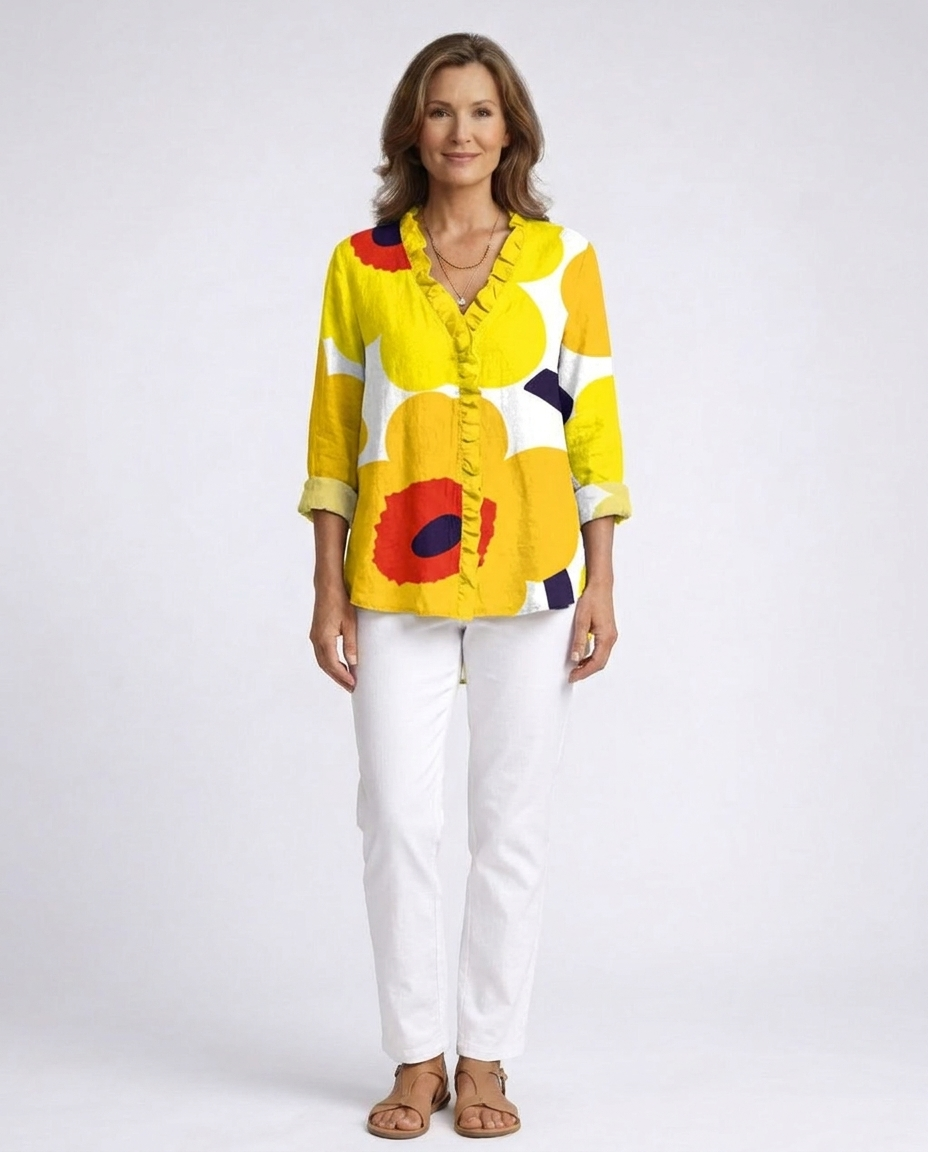 Niobe | Floral-Print Ruffle-Trim Button-Front Shirt - Long-Sleeve Casual High-Low Top