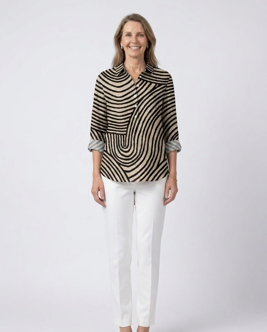 Amity | Abstract-Stripe Button-Placket Blouse - Long-Sleeve High-Low Hem Top