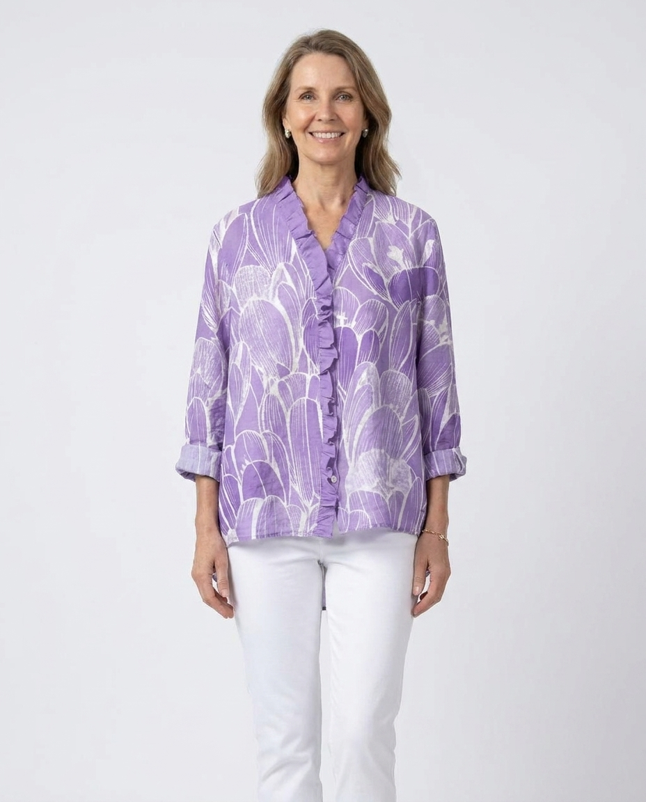 Luned | Floral-Print Ruffle-Trim Button-Front Shirt - Long-Sleeve Casual High-Low Top