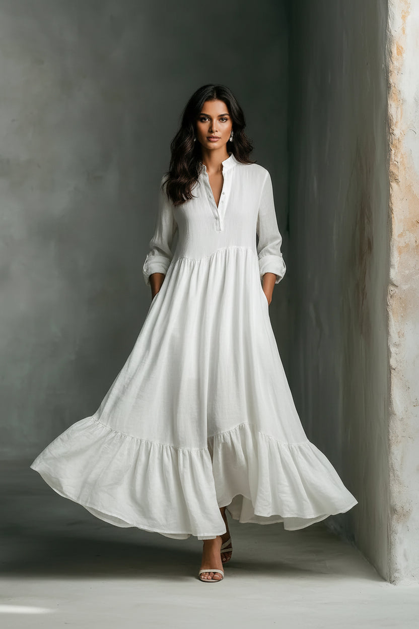Cora | White Ruffle Maxi Dress – Long Sleeve Flowing Dress
