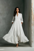 Cora | White Ruffle Maxi Dress – Long Sleeve Flowing Dress